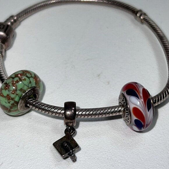 Authentic Pandora Ale Sterling Silver Snake Bracelet w/ Italy Murano Glass Charm - Picture 5 of 13